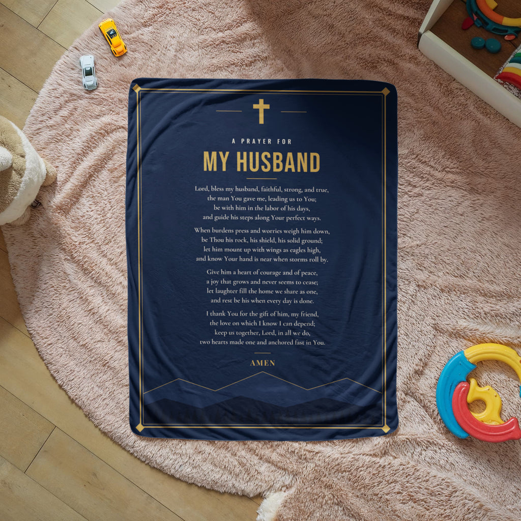 Navy blue prayer blanket for husband with printed prayer spread on a cozy rug