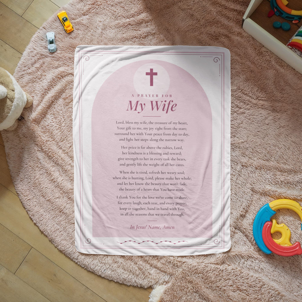 Blush pink prayer blanket for wife with printed prayer spread on a cozy rug