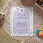 Lavender strength prayer blanket with printed prayer spread on a cozy rug