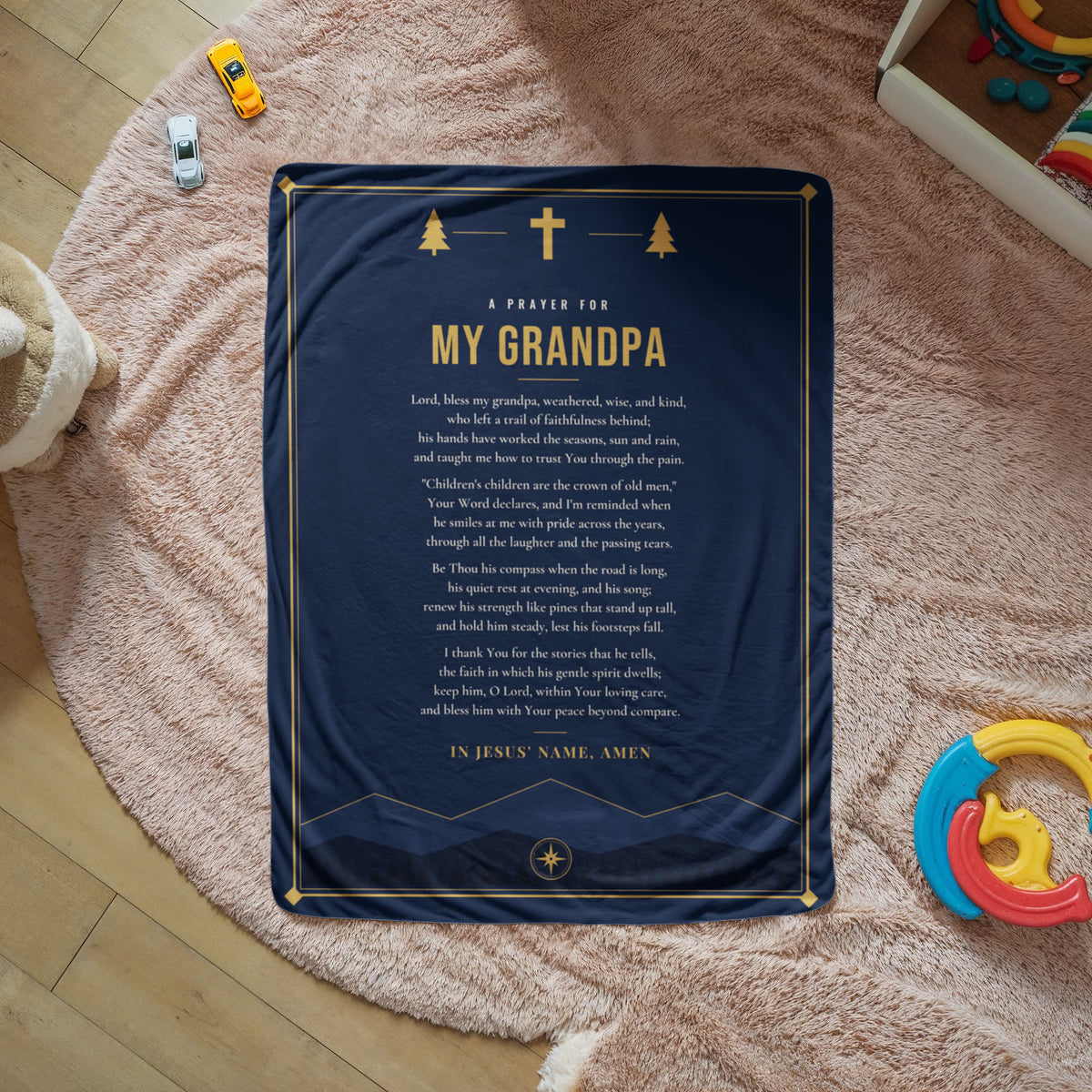 Navy blue prayer blanket for grandpa with printed prayer spread on a cozy rug