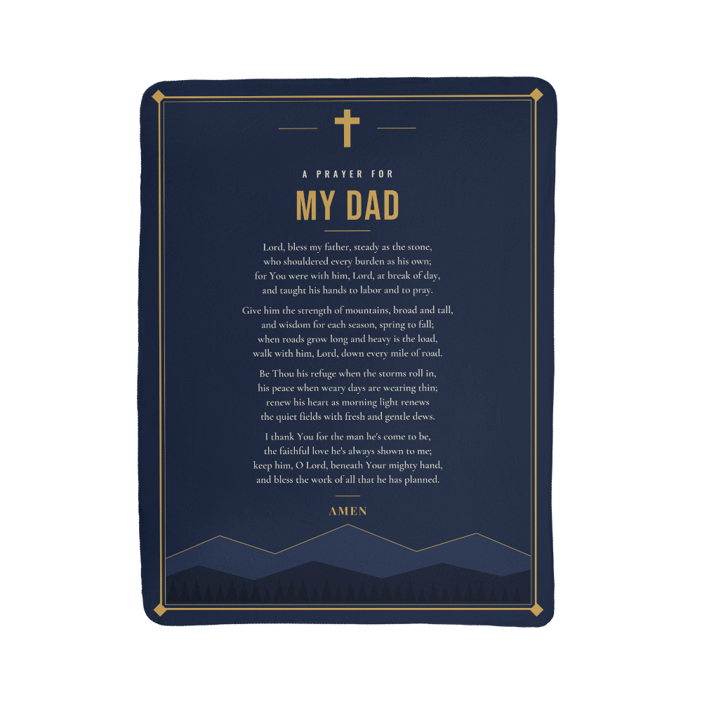 Full front view of navy blue prayer blanket for dad with printed prayer and title