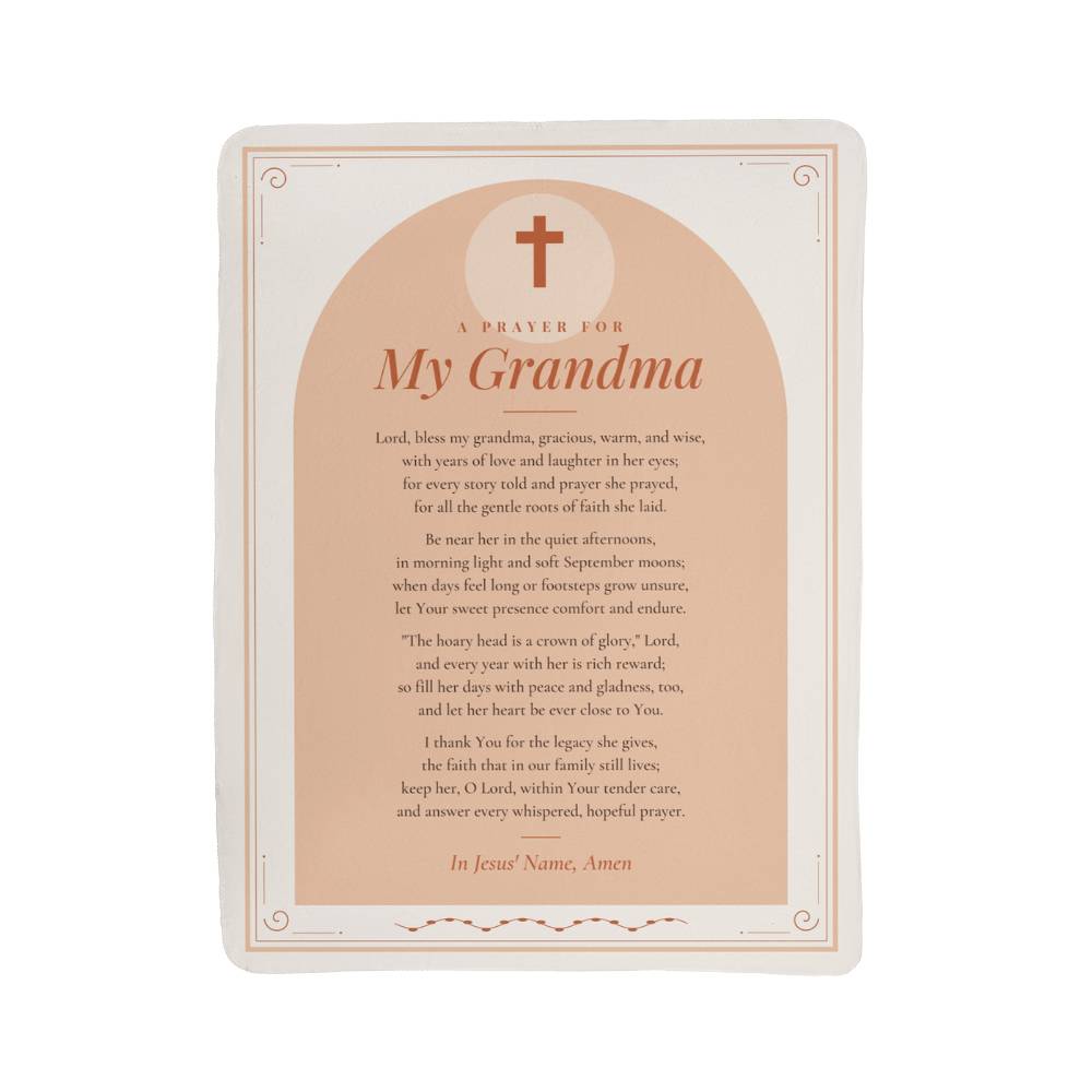 Full front view of peach prayer blanket for grandma with printed prayer and title