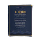 Full front view of navy blue prayer blanket for husband with printed prayer and title