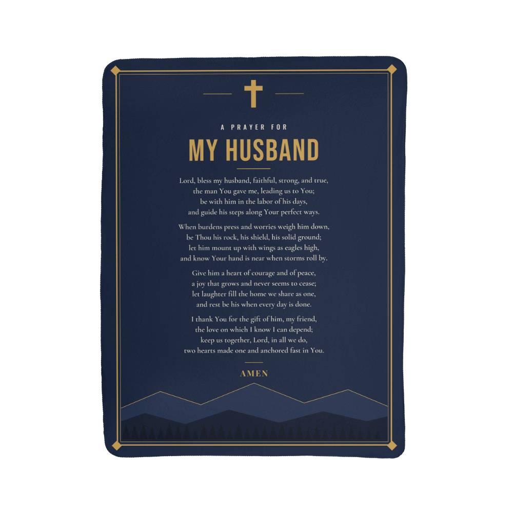 Full front view of navy blue prayer blanket for husband with printed prayer and title