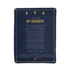 Full front view of navy blue prayer blanket for grandpa with printed prayer and title