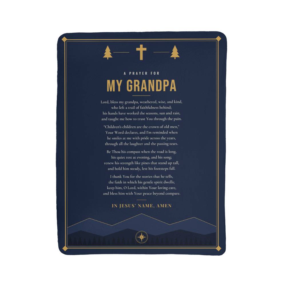 Full front view of navy blue prayer blanket for grandpa with printed prayer and title