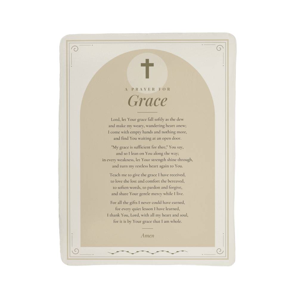 Full front view of tan grace prayer blanket with printed prayer and title
