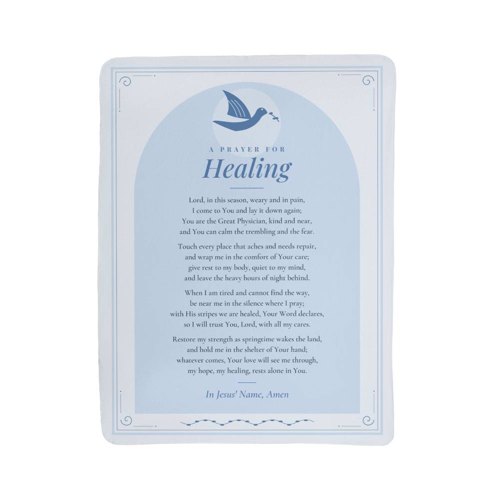 Full front view of light blue healing prayer blanket with printed prayer and title