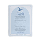 Full front view of light blue healing prayer blanket with printed prayer and title