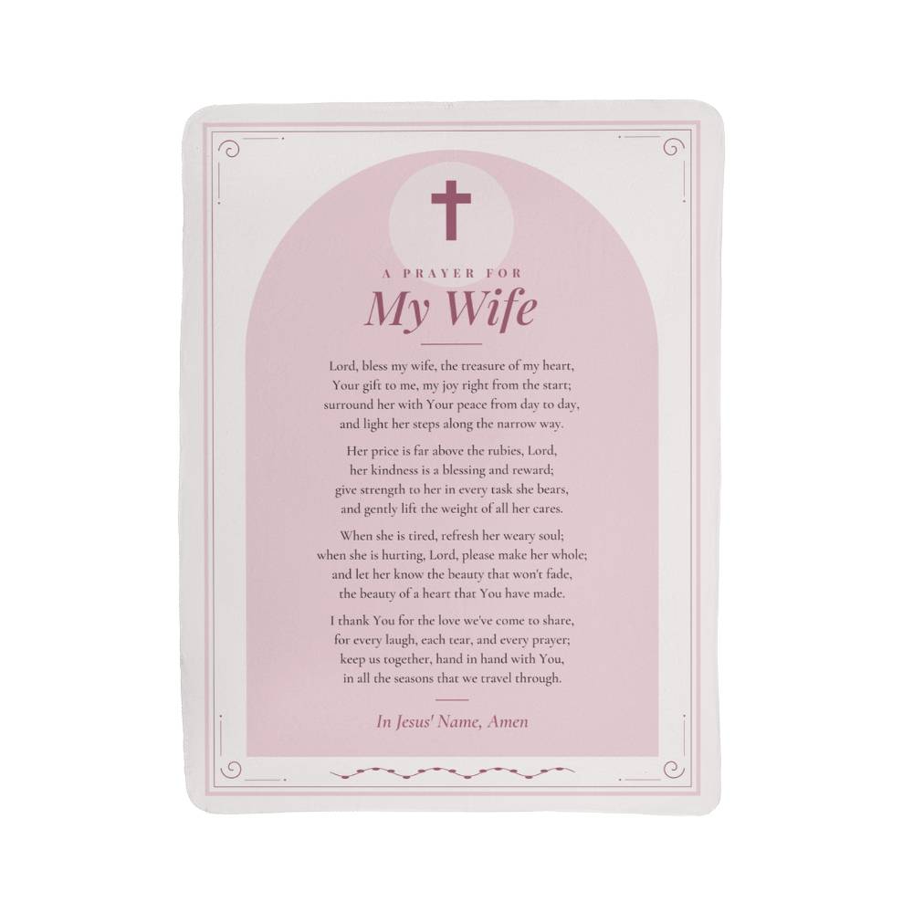 Full front view of blush pink prayer blanket for wife with printed prayer and title