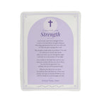 Full front view of lavender strength prayer blanket with printed prayer and title