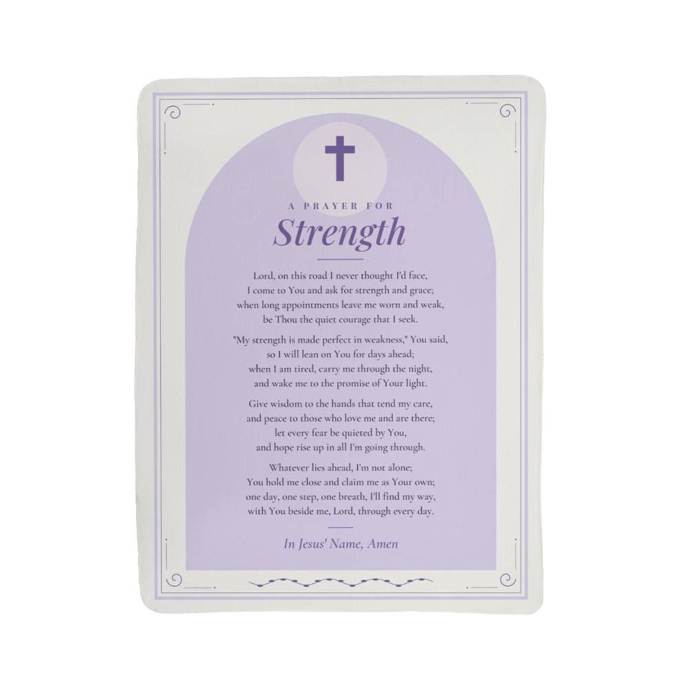 Full front view of lavender strength prayer blanket with printed prayer and title