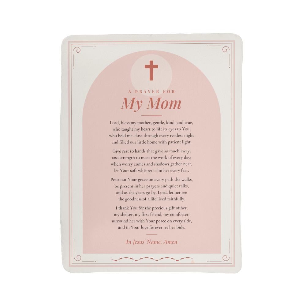 Full front view of soft pink prayer blanket for mom with printed prayer and title