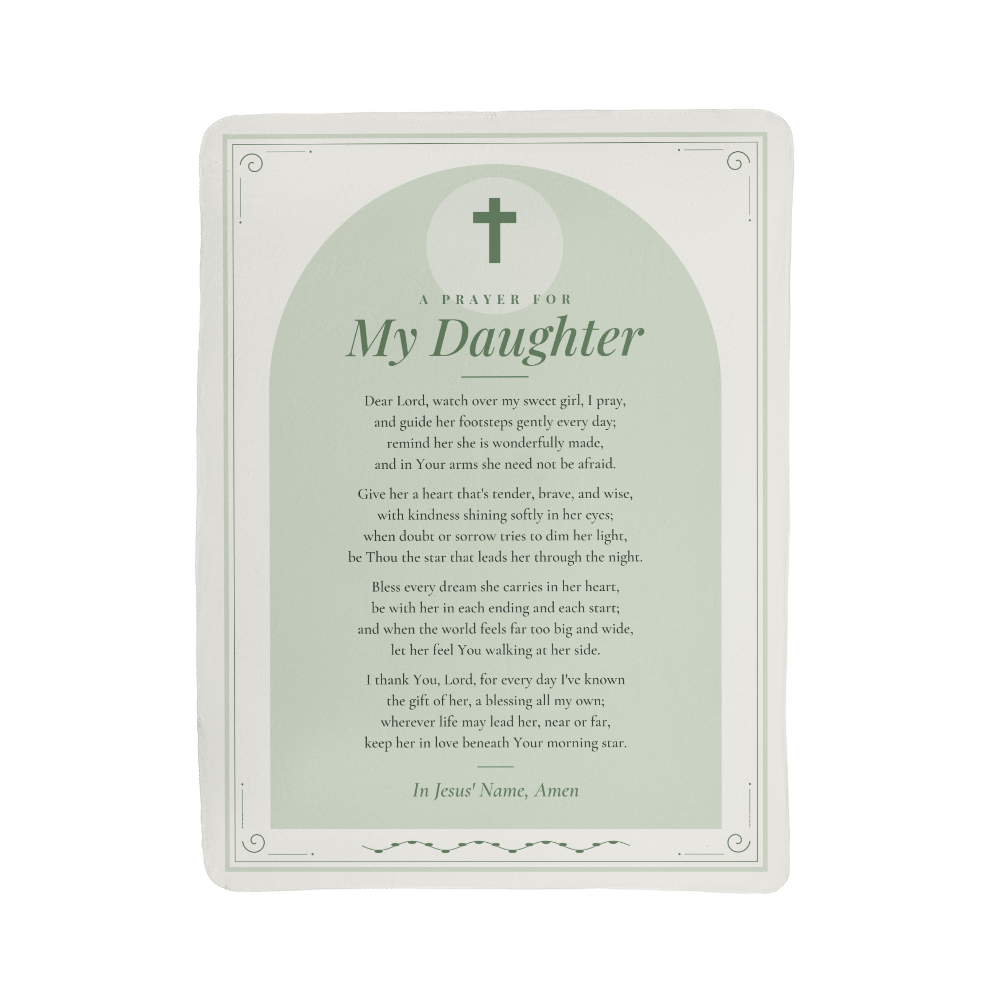 Full front view of sage green prayer blanket for daughter with printed prayer and title