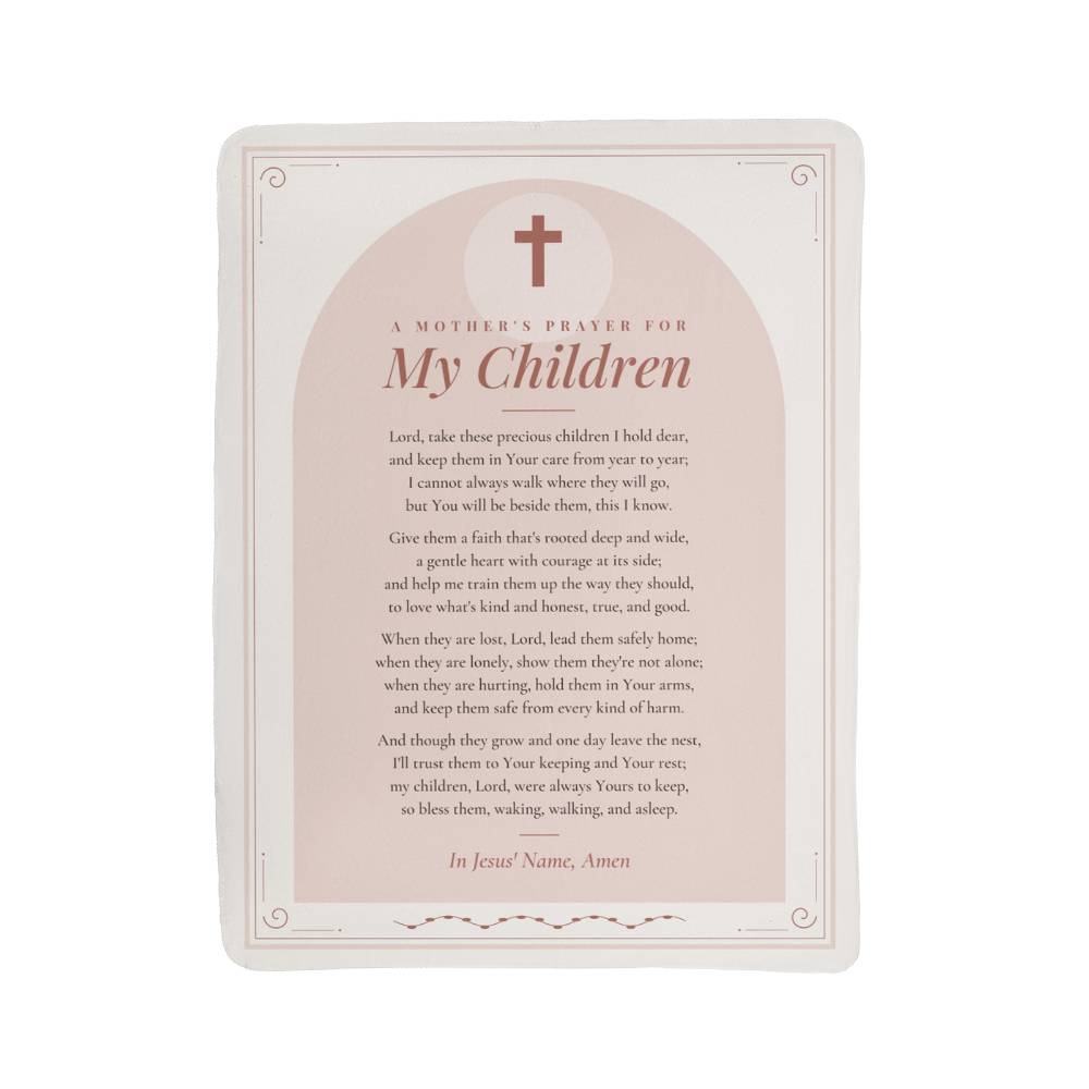 Full front view of blush mothers prayer blanket with printed prayer and title