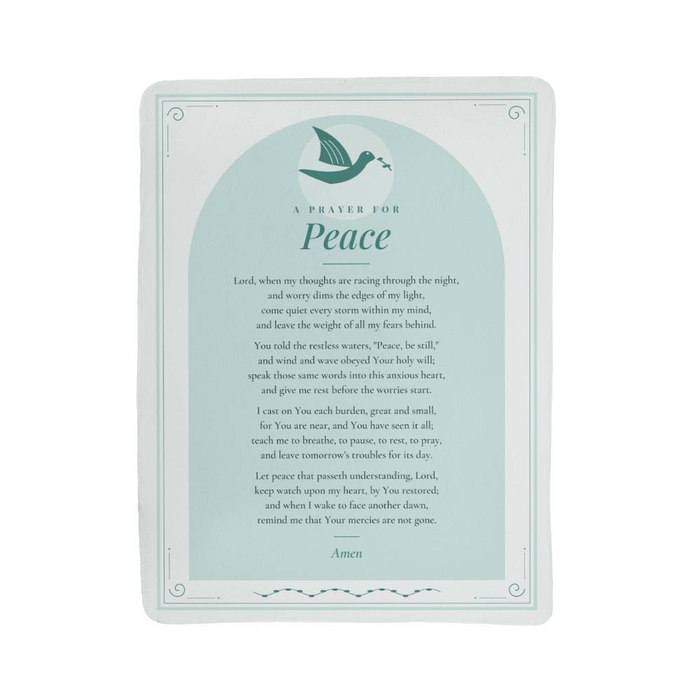 Full front view of teal peace prayer blanket with printed prayer and title