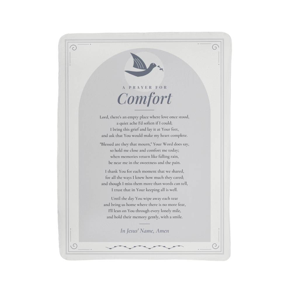 Full front view of gray comfort prayer blanket with printed prayer and title