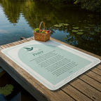 Teal peace prayer blanket laid out on a lakeside dock with picnic basket