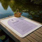 Lavender strength prayer blanket laid out on a lakeside dock with picnic basket