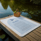 Light blue healing prayer blanket laid out on a lakeside dock with picnic basket