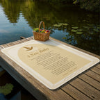 Cream baby prayer blanket laid out on a lakeside dock with picnic basket