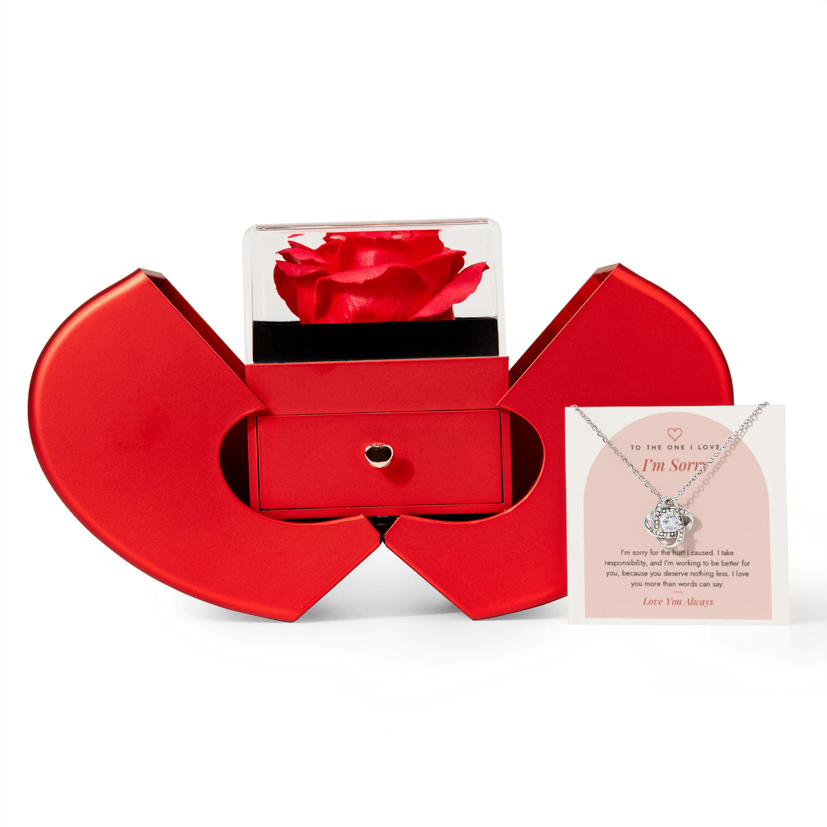 Love Knot necklace for Her in red rose box with card