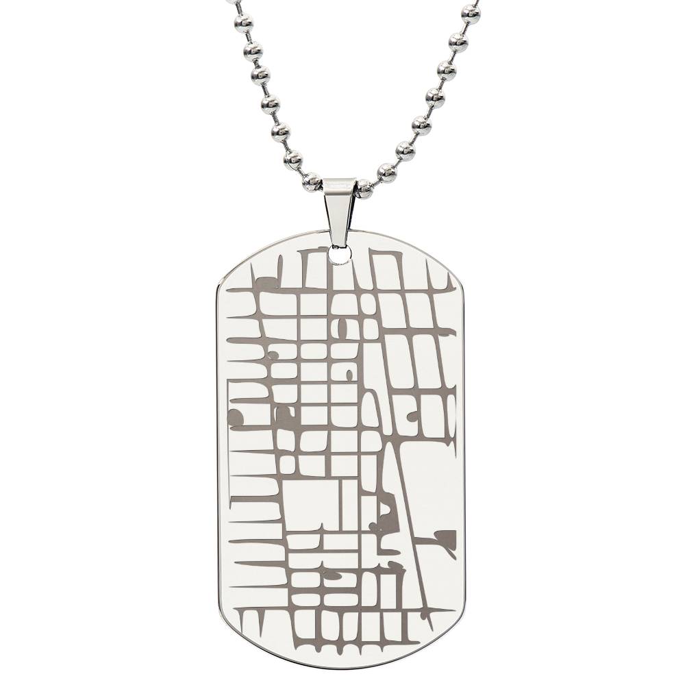 Engraved map dog tag necklace for him, stainless steel