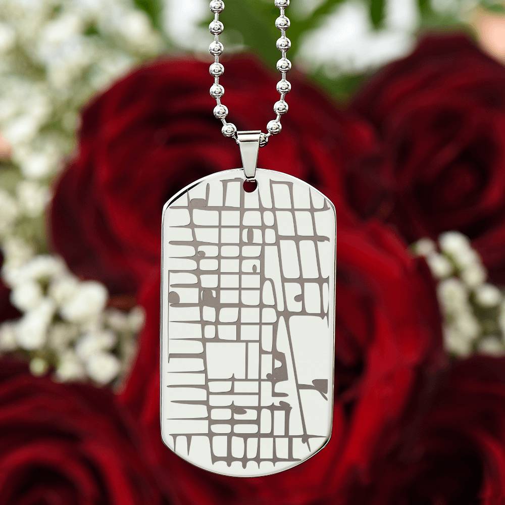 Engraved map dog tag necklace for him, stainless steel with roses