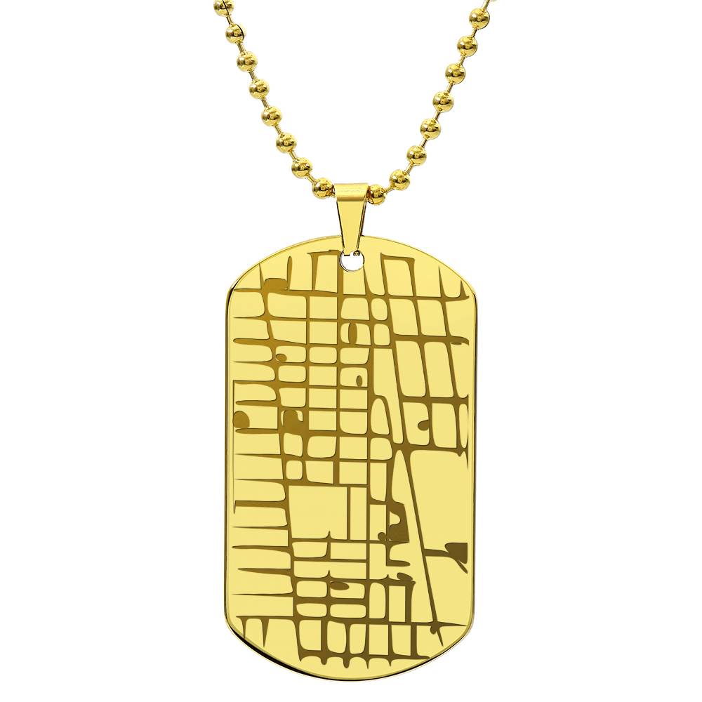 Engraved map dog tag necklace for him, 18k gold finish