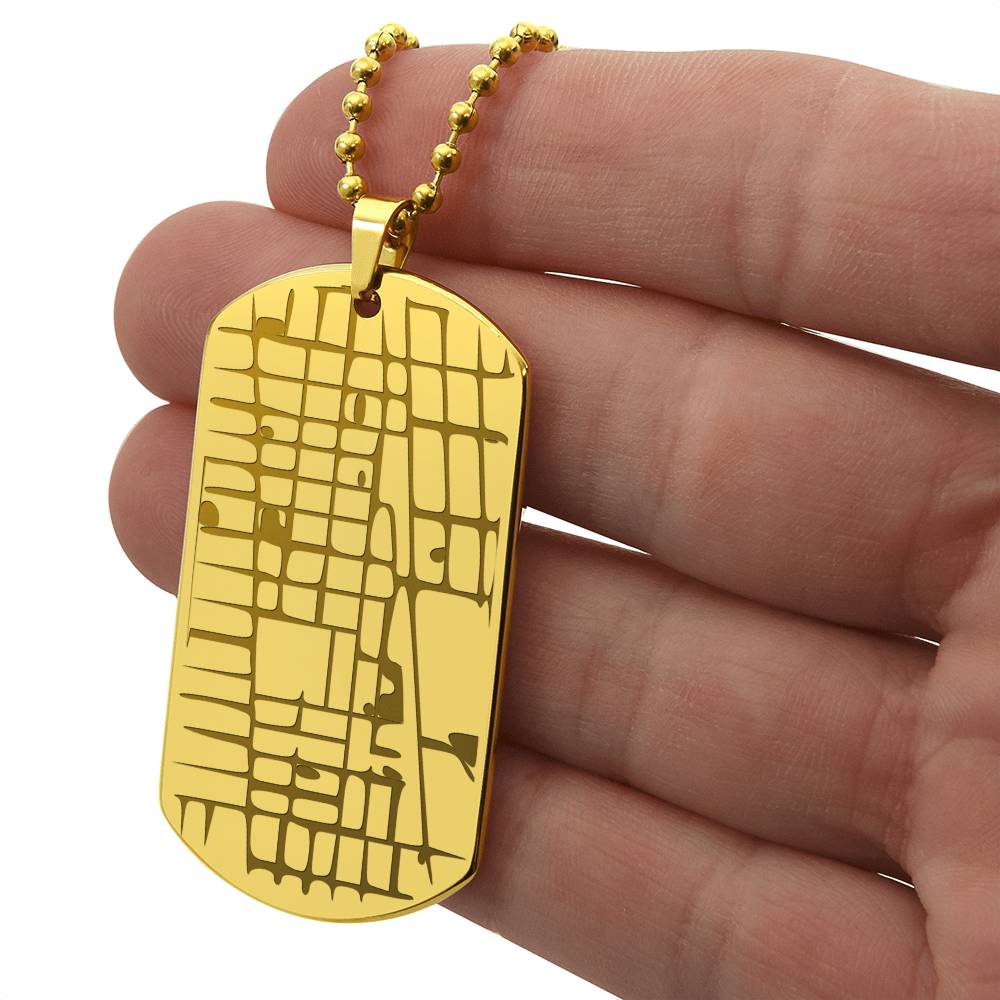 Engraved map dog tag necklace for him, 18k gold finish held in hand