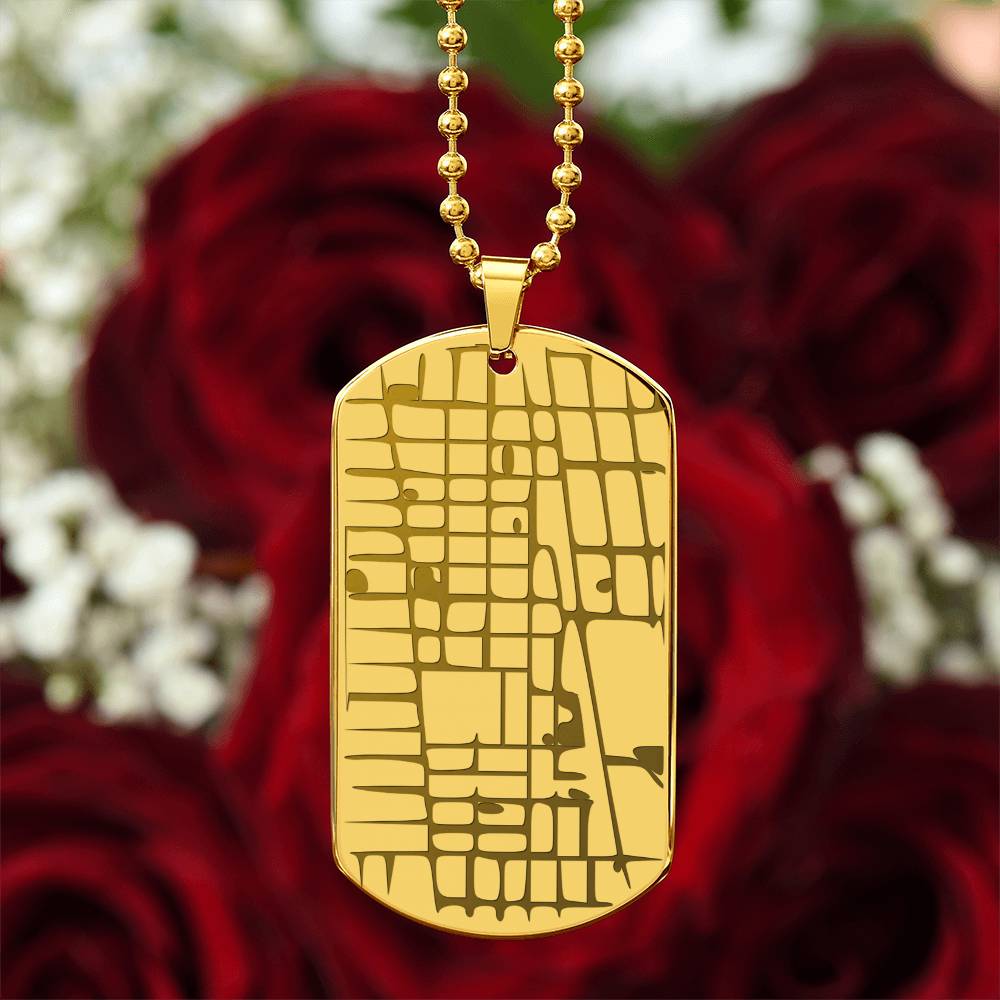 Engraved map dog tag necklace for him, 18k gold finish with roses