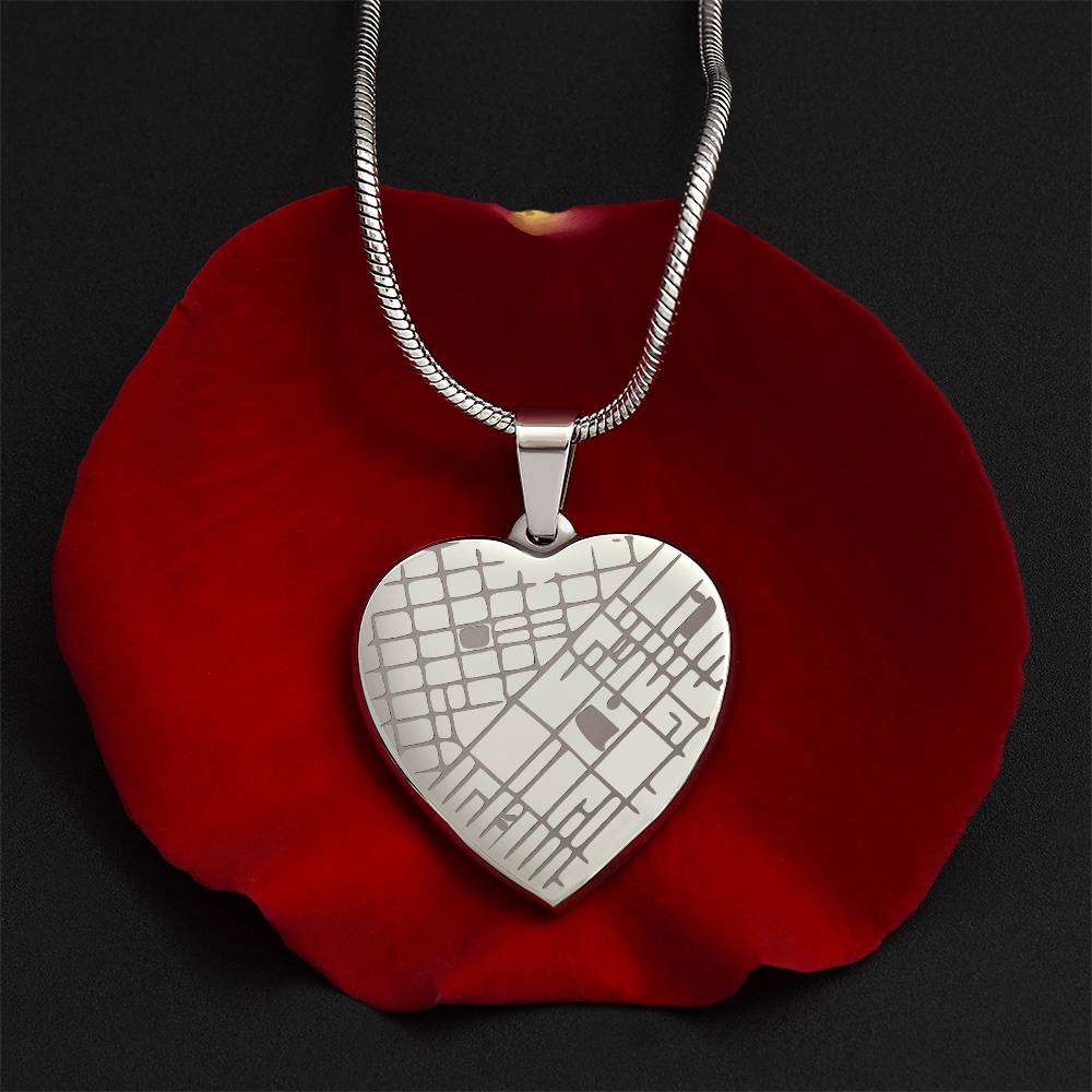 Engraved heart map necklace, stainless steel on rose petals