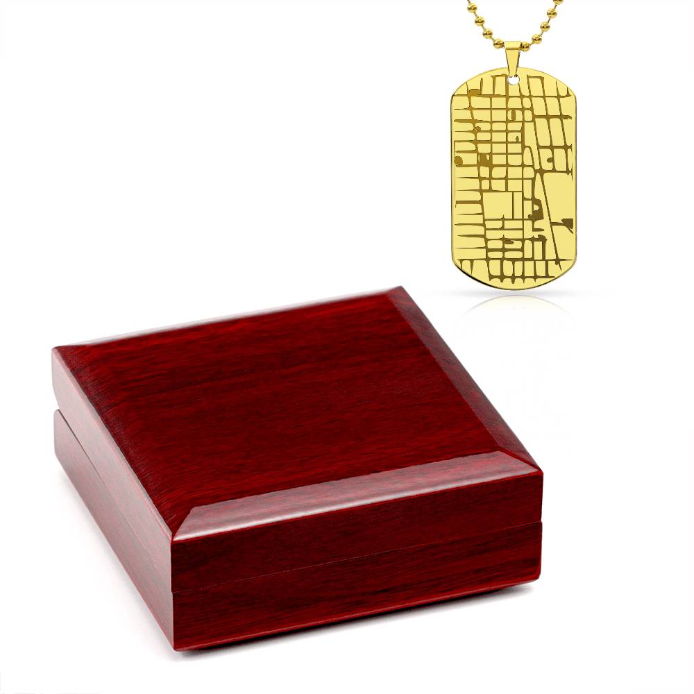 Engraved map dog tag necklace for him, 18k gold finish with luxury box