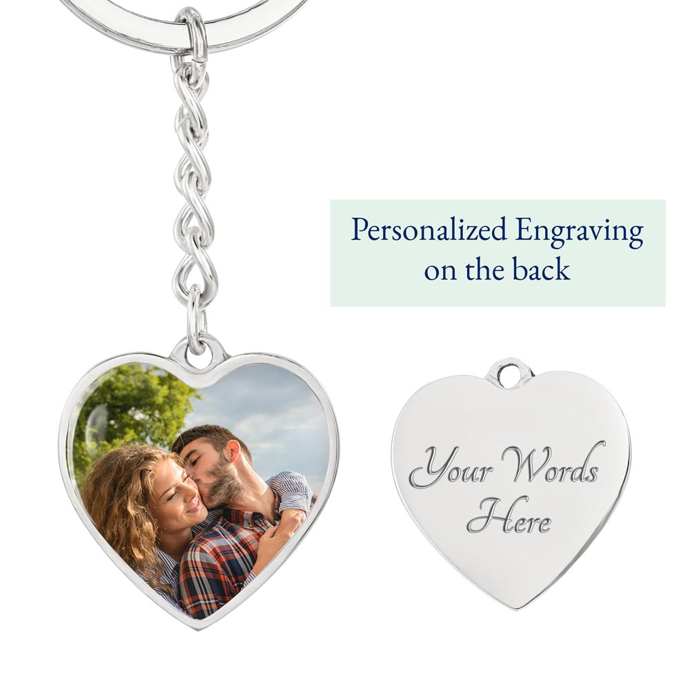 Custom photo heart keychain for Grandma, silver tone heart with photo front and engraving on the back