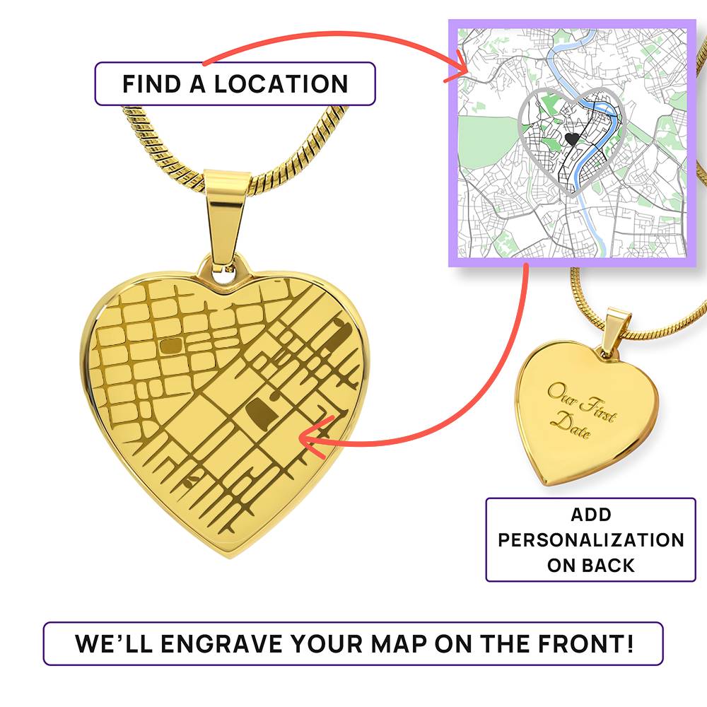 Engraved Heart Map Necklace for Her – Custom Location Gift for Wife, Mom or Girlfriend
