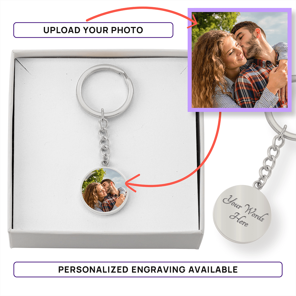 Custom photo circle keychain for Dad, silver tone circle in gift box showing how your uploaded photo is added