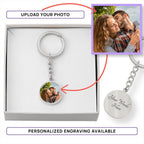 Custom photo circle keychain for Husband, silver tone circle in gift box showing how your uploaded photo is added
