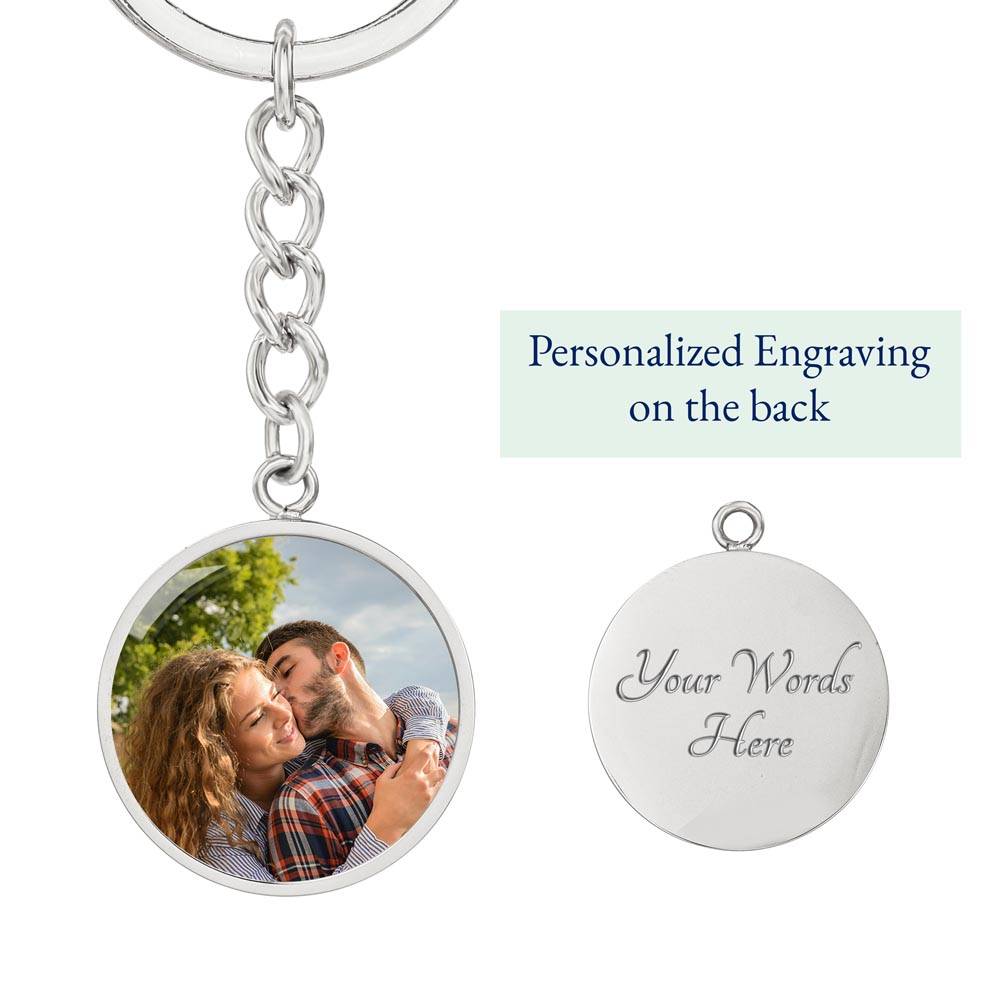 Custom photo circle keychain for Boyfriend, silver tone circle with photo front and engraving on the back
