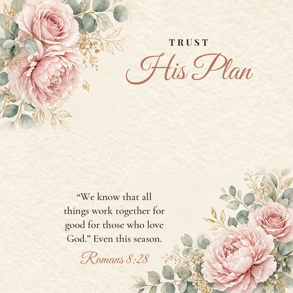 Message card: Christian Love Knot Necklace – Romans 8:28 Trust His Plan