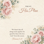 Message card: Christian Love Knot Necklace – Romans 8:28 Trust His Plan