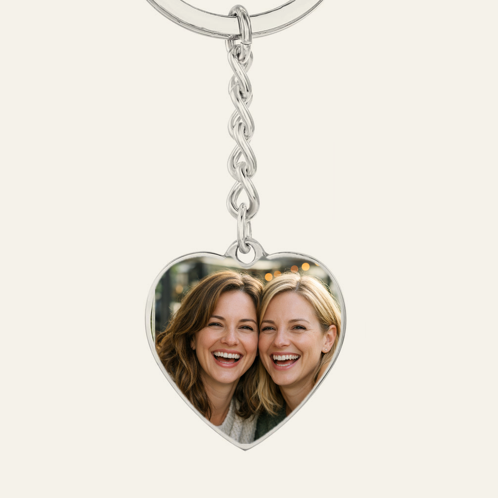 Custom photo heart keychain for Best Friend, example with a two best friends photo printed on the heart pendant