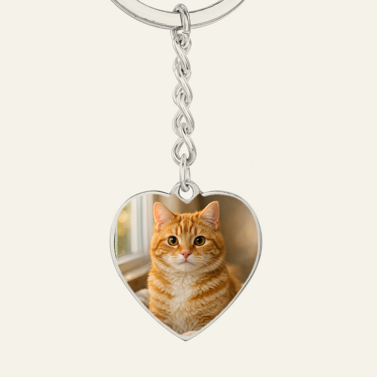 Custom photo heart keychain for Cat Mom, example with a orange tabby cat photo printed on the heart pendant