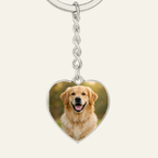 Custom photo heart keychain for Dog Mom, example with a golden retriever photo printed on the heart pendant