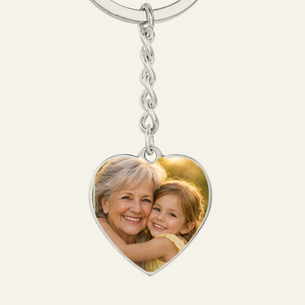 Custom photo heart keychain for Mom, example with a family photo printed on the heart pendant
