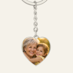 Custom photo heart keychain for Mom, example with a family photo printed on the heart pendant