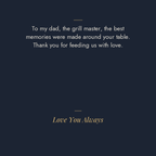 Grill Master message card: To my dad, the grill master, the best memories were made around your table. Thank you for feeding us with love. Love You Always