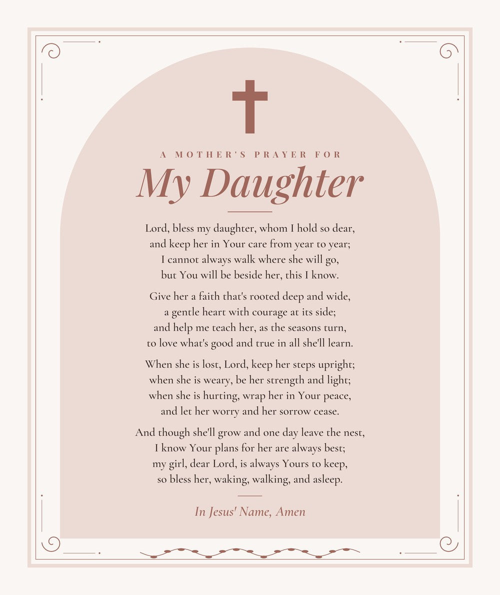 Mother's Prayer for My Daughter blanket design preview, blush arch with cross and the full prayer ending In Jesus' Name, Amen