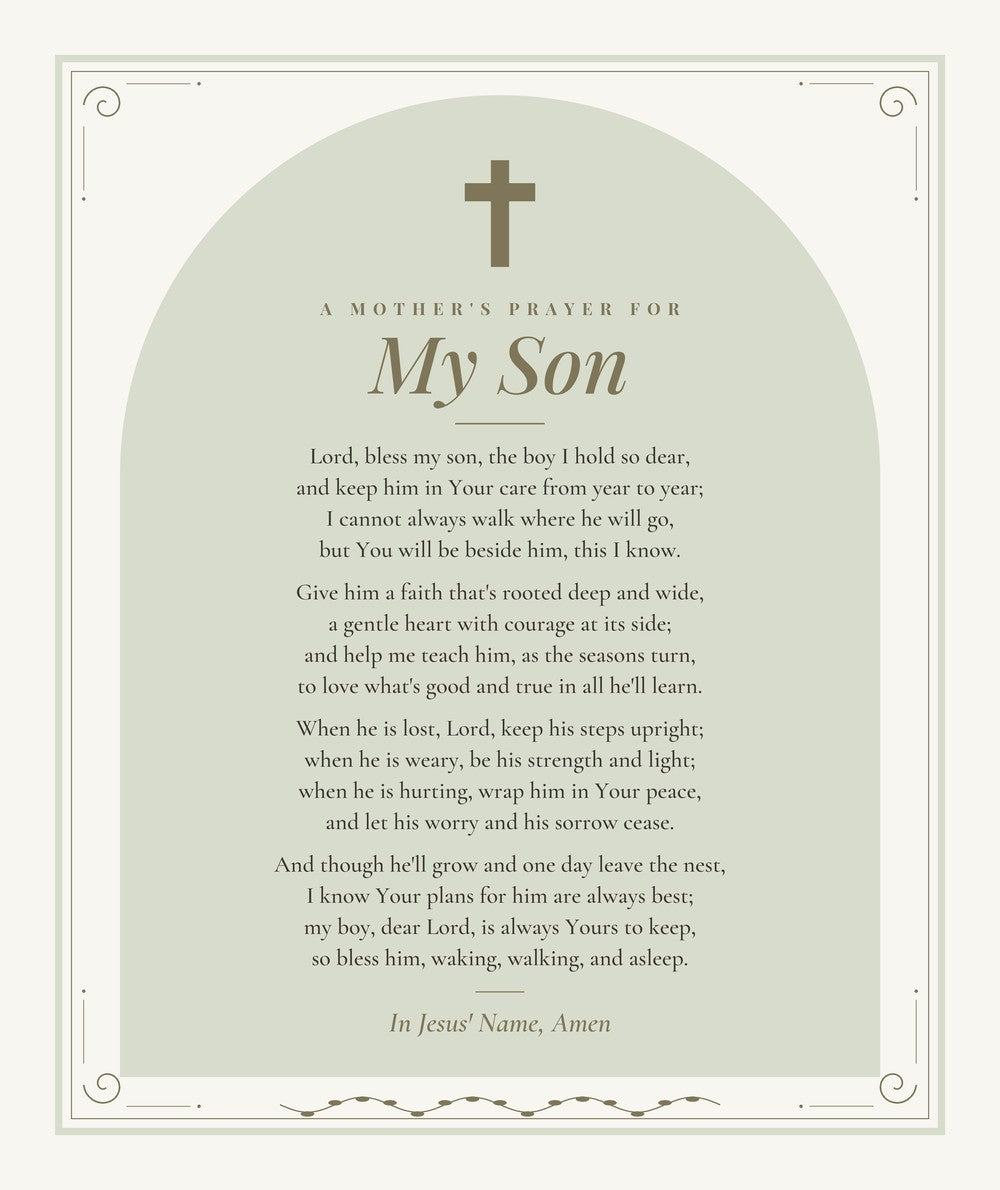Mother's Prayer for My Son blanket design preview, sage arch with cross and the full prayer ending In Jesus' Name, Amen