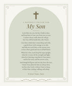 Mother's Prayer for My Son blanket design preview, sage arch with cross and the full prayer ending In Jesus' Name, Amen
