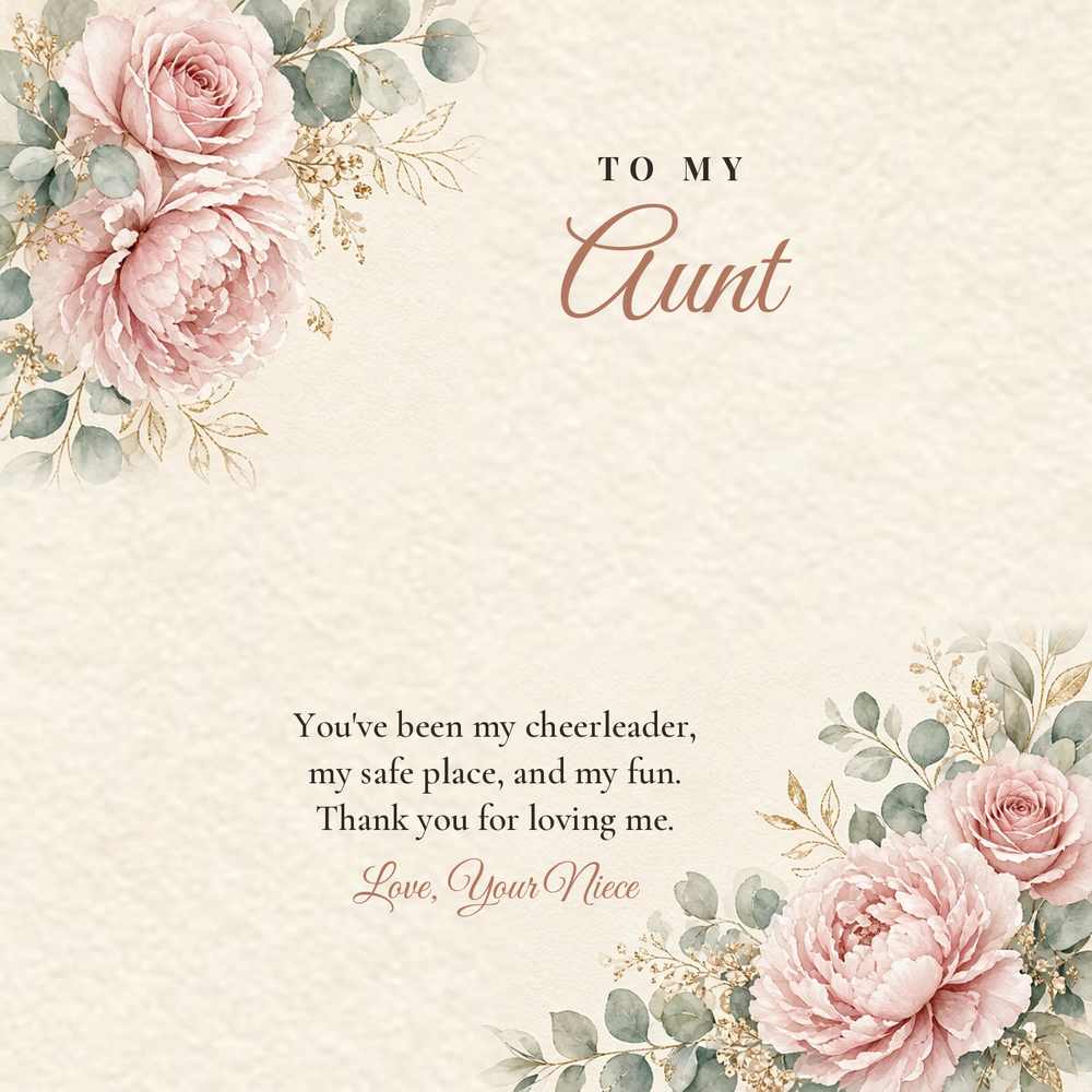 Message card: To My Aunt – My Cheerleader, My Safe Place